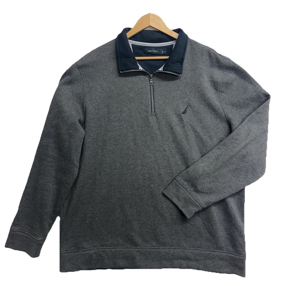 Nautica Men's 1/4 Zip Pullover XL Gray Sail Logo Cotton Blend Quarter Zip‎